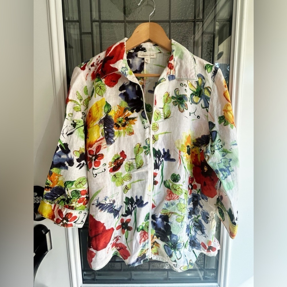 Coldwater Creek XL White Multicolored Floral Linen 3/4 Sleeve Full Zip Jacket